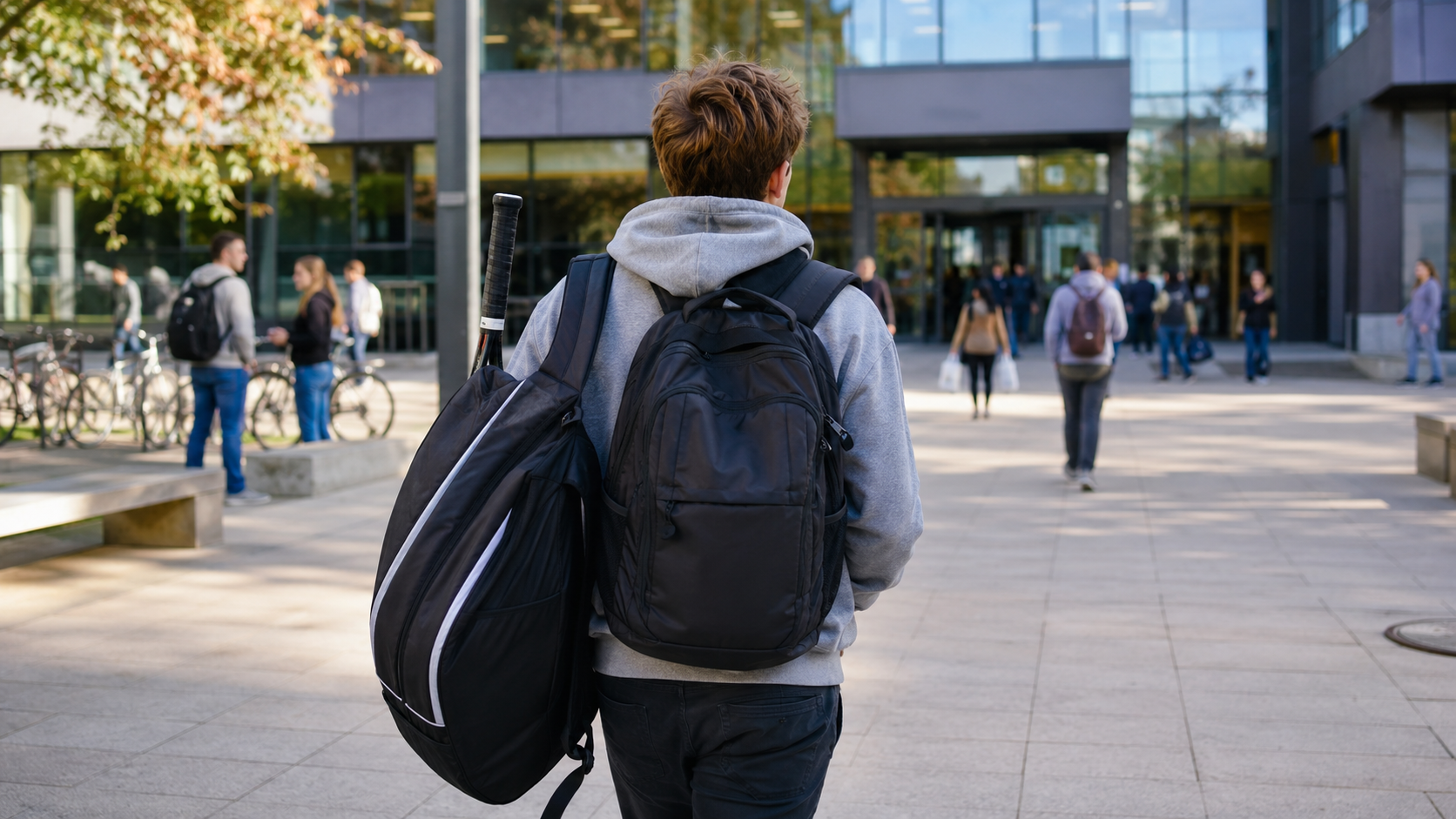 Junger Tennisspieler mit Schlägertasche auf dem Weg über einen Campus